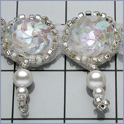 FS189  \Circle and a Dot\ Crystal AB Aurora Borealis Silver Pearl Beaded Sequin Trim