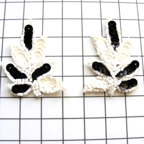FS476S Leaf Appliques Sequin Black White Combo Mirror Pair Beaded Motif 2\