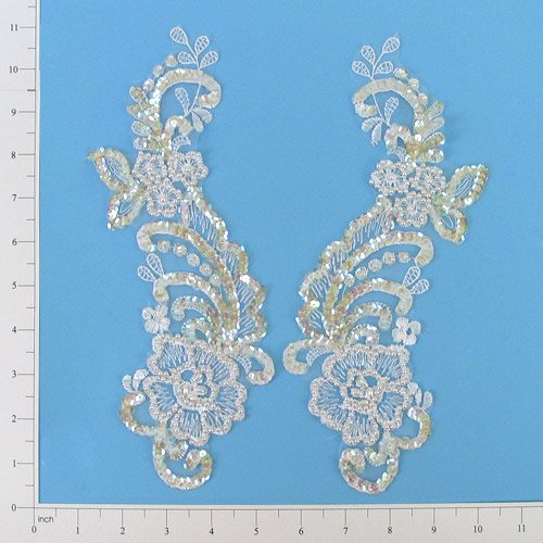 E2719 White Mirror Pair Venise Lace Beaded Sequin Appliques 10 1/2\