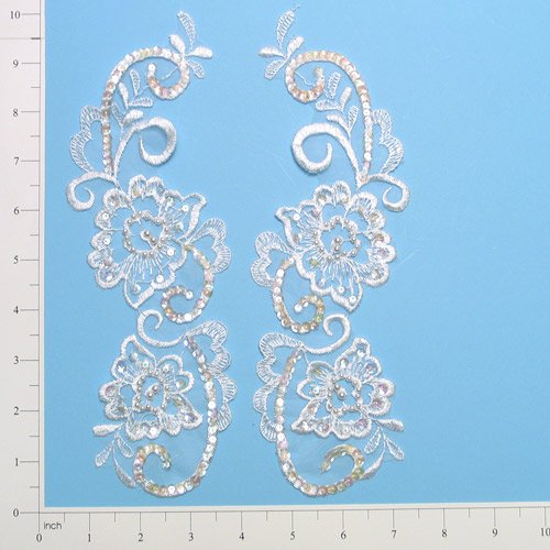 E2738 White Floral Venise Lace Mirror Pair Beaded Sequin Appliques 10\