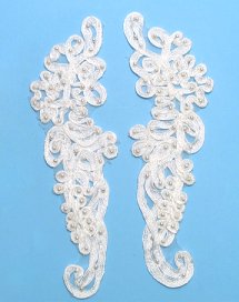 E3704 White Floral Venise Lace Mirror Pair Pearl Appliques 9.25\