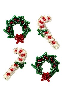 E584xs Christmas Candy Cane and Wreath Set of  4 Sequin Beaded Appliques  1\
