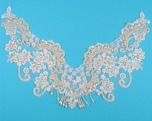 E144 White Lace Flower Collar Venise Lace Beaded Sequin Appliques 16 3/4\