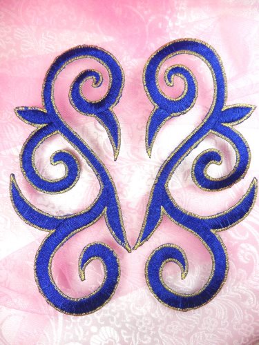 GB164 Embroidered Appliques Blue Gold Scroll Mirror Pair Iron On Patch 7\