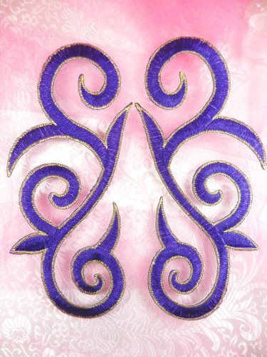 GB164 Embroidered Appliques Purple Gold Scroll Mirror Pair Iron On Patch 7\