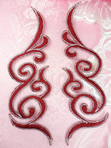 GB89 Embroidered Appliques Burgundy Silver Edge Mirror Pair Iron On Patch 6.75