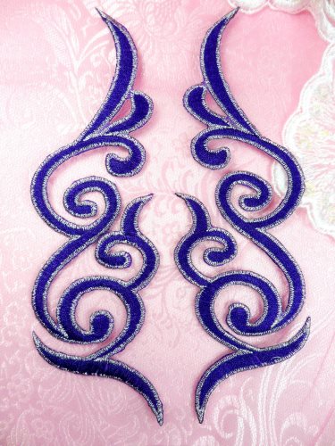 GB89 Embroidered Appliques Purple Silver Edge Mirror Pair Iron On Patch 6.75