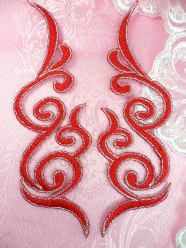 GB89 Embroidered Appliques Red Silver Edge Mirror Pair Iron On Patch 6.75