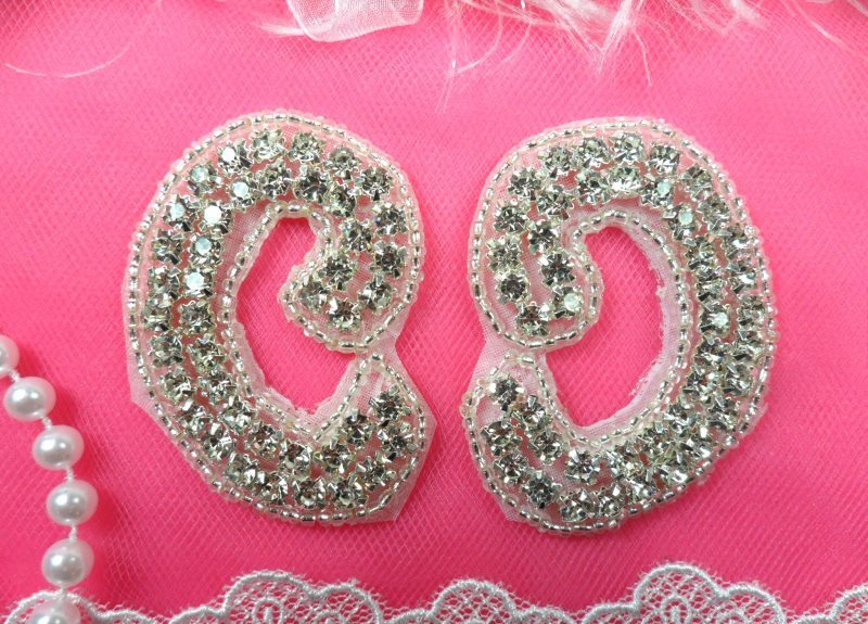 Crystal Rhinestone Appliques Silver Beaded Mirror Pair 2.5 (ACT/XR354X/C-slcr)
