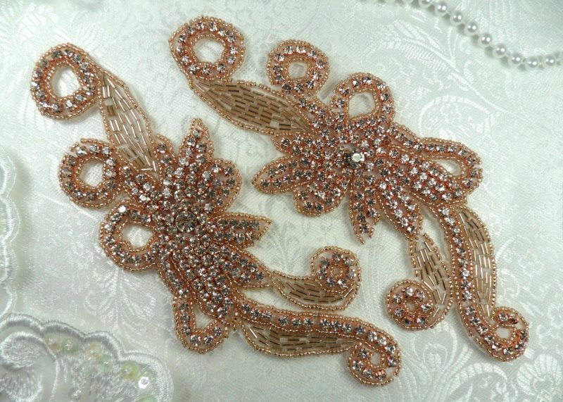 Rose Gold Appliques Crystal Rhinestone Gold Beaded Mirror Pair 7.5 (XR27X-rsglcr)