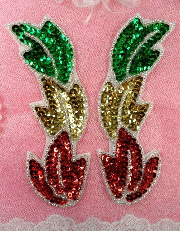 Leaf Appliques Mirror Pair Christmas Beaded Sequin 5.25 (XR301X-xmas)