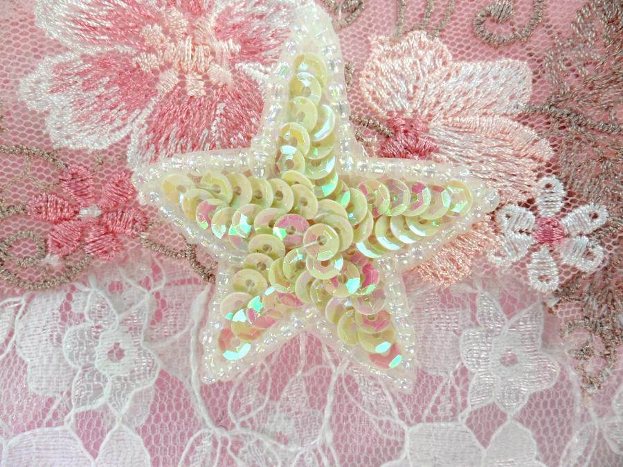 White AB Star Sequin Beaded Applique 1.5" F91