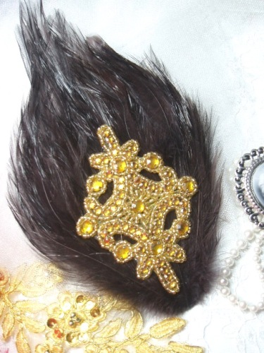 FB45 Brown Feather Gold Rhinestone Applique Brooch 7