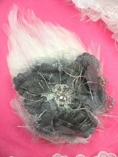 FB56 White And Pewter Floral Rhinestone Feather