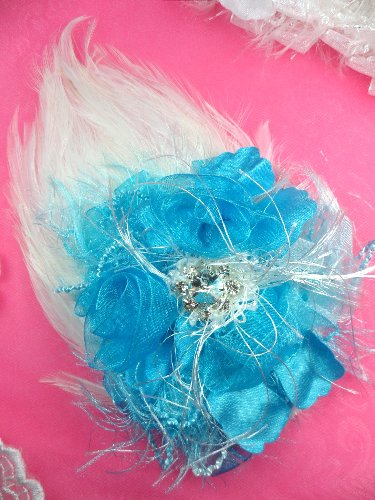 FB56 White And Turquoise Floral Rhinestone Feather
