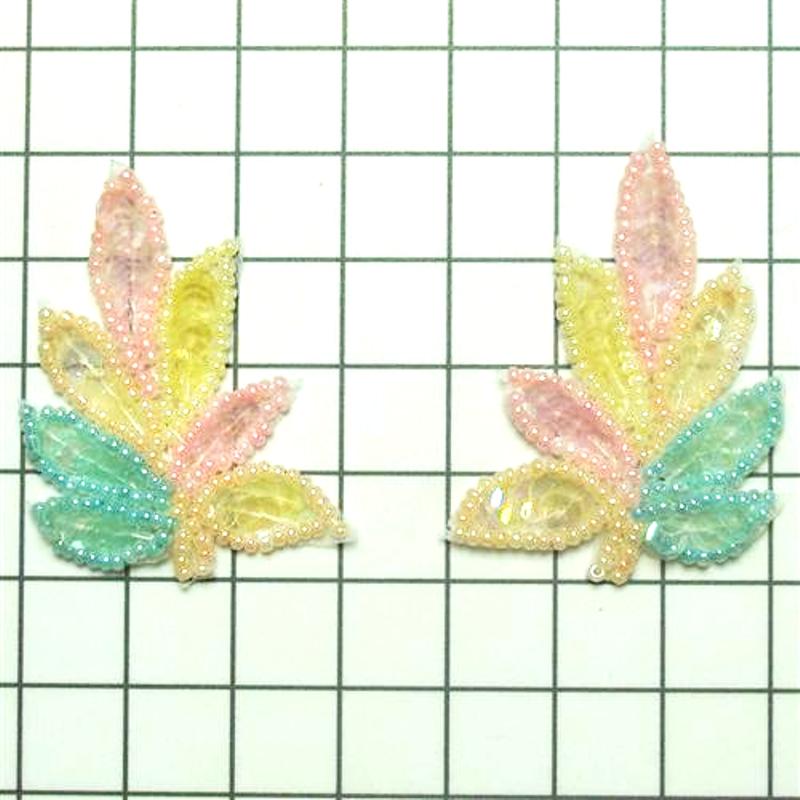 Small Pair Leaf Appliques Sequin Ceylon Multi Mirror Pair Beaded Motif 2 (FS476SX)