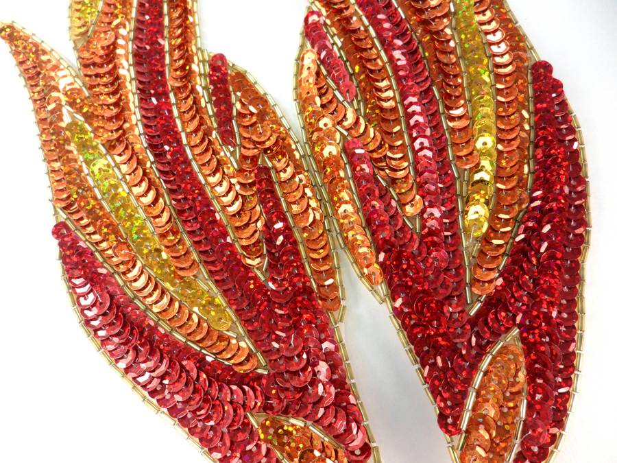 Large Appliques Flames Red Orange Gold Holographic Sequin Beaded Mirror Pair 12" Sew On  JB317X