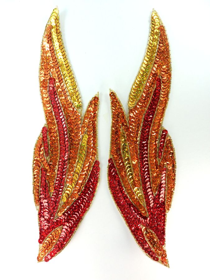 Large Appliques Flames Red Orange Gold Holographic Sequin Beaded Mirror Pair 12" Sew On  JB317X