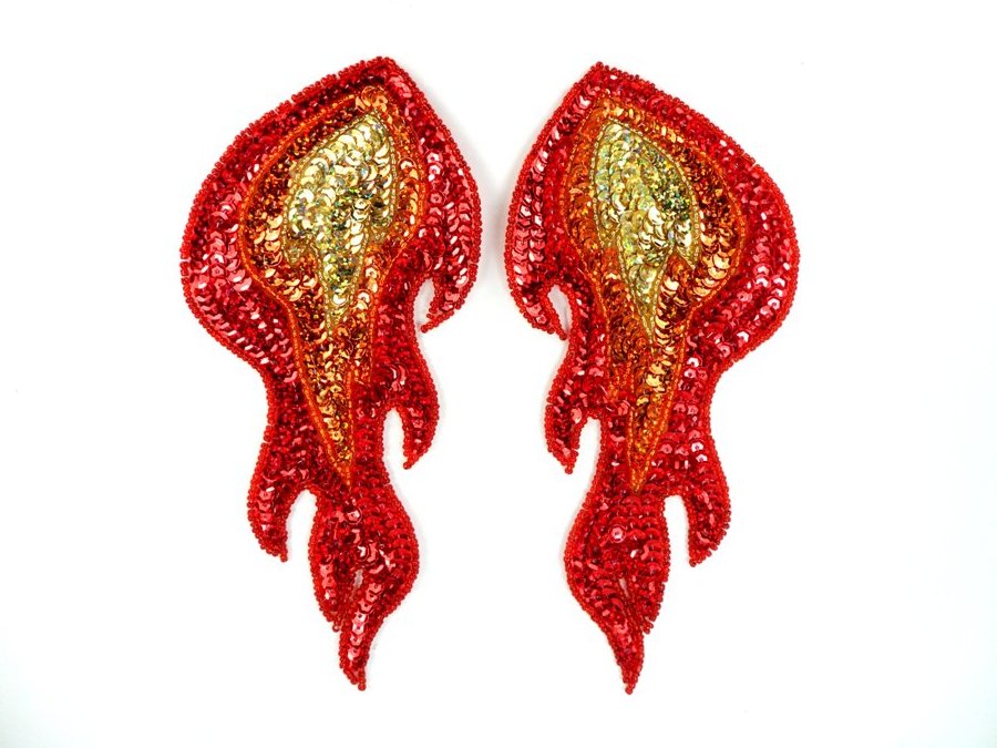 Flame Appliques HOLOGRAPHIC Sequin Beaded Red Orange Gold MIRROR PAIR Pointed Sew on 7"  JB316X