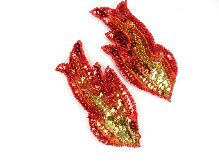 Sequin Appliques Red Orange Gold Beaded Mirror Pair Flames 4" JB262X
