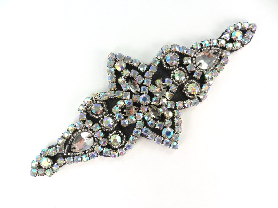 Crystal AB Rhinestone Applique With Black Backing Silver Beaded Aurora Borealis Stones Hot Fix Costume Clothing Patch 6"