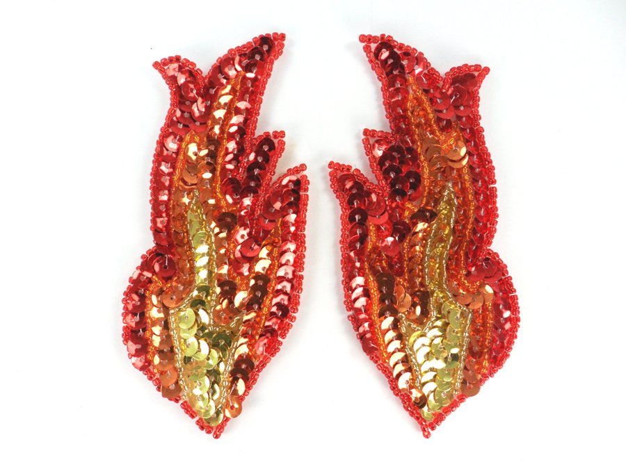 Sequin Appliques Red Orange Gold Beaded Mirror Pair Flames 4" JB262X