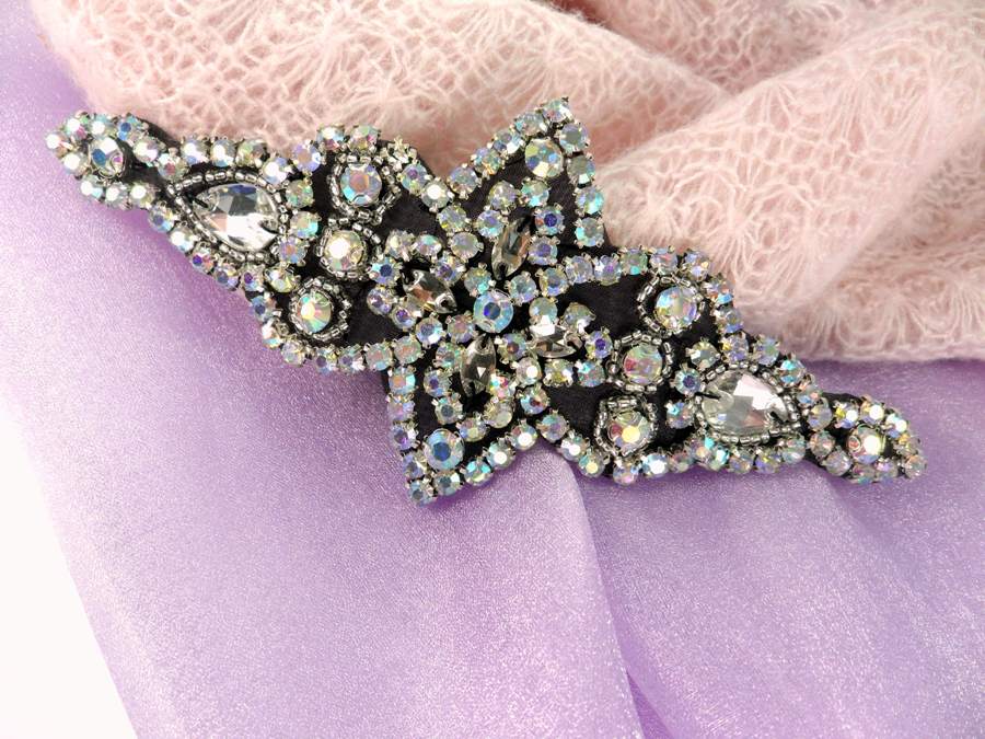Crystal AB Rhinestone Applique With Black Backing Silver Beaded Aurora Borealis Stones Hot Fix Costume Clothing Patch 6"