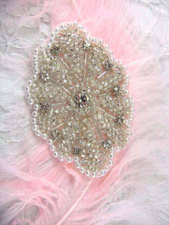 FSSP02 Silver Rhinestone Pearl Beaded Applique 3\