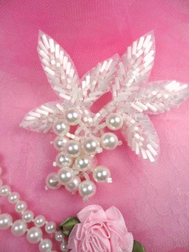 FS03 White Satin Pearl Cluster Beaded Applique 3.5