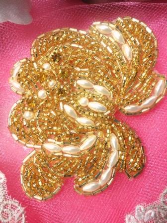 FSSF08 Gold Pearl Rose Beaded Applique w/ Gold Rhinestones  3.25\