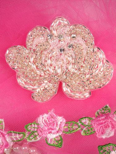 FSSF08 Silver Pearl Floral Rhinestone Beaded Applique 3.5\