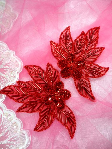 FS1020 Red Flower Mirror Pair Beaded Sequin Appliques 4.5\