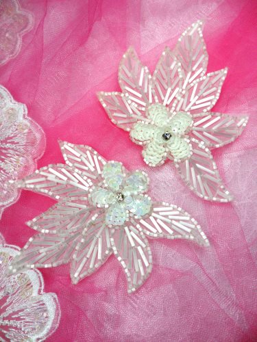 FS1020 White Satin Flower Mirror Pair Beaded Sequin Appliques 4.5\