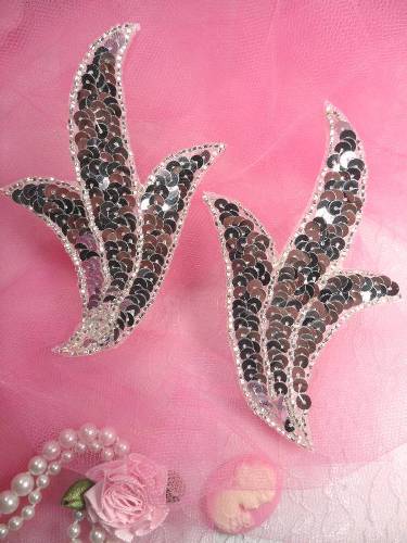 FS1023B Silver Mirror Pair Beaded Sequin Appliques 4\