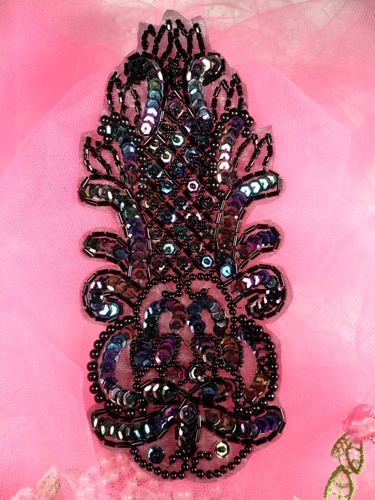FS103 Black AB Sequin Beaded Applique 6.75\