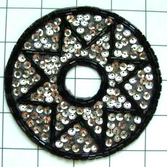 FS1064  Black Silver Round Star Beaded Sequin Applique 4.5