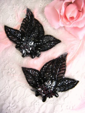 FS1096 Black & Gunmetal Floral Mirror Pair Beaded Sequin Appliques 3.5