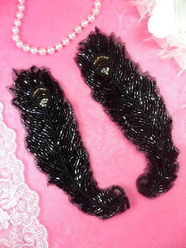 FS1117 Black MIRROR PAIR Beaded Feather Appliques 6\