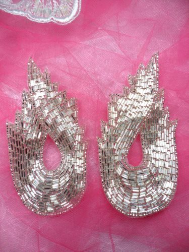 FS1143X Silver Mirror Pair Flame Beaded Appliques 4.75\