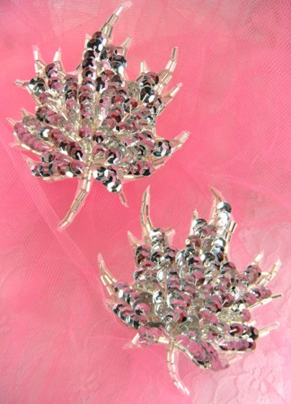 FS1337 Silver Leaf Mirror Pair Beaded Sequin Appliques 3.75