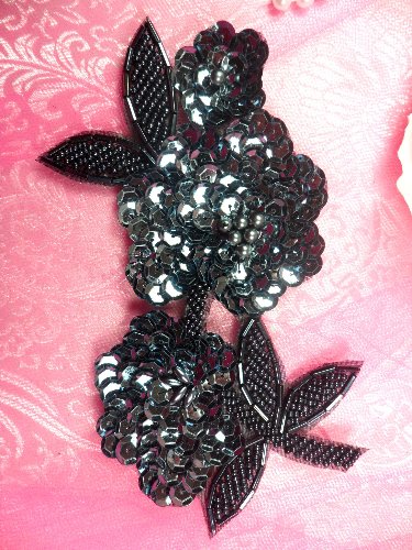 FS1586 Floral Beaded Sequin Gunmetal Applique 6\