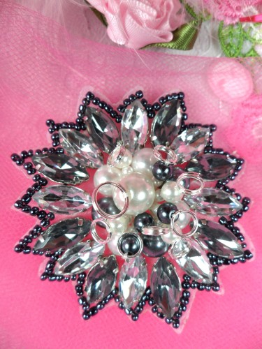 FS171  Gunmetal Pearl Jewel Beaded  Applique 2.5\