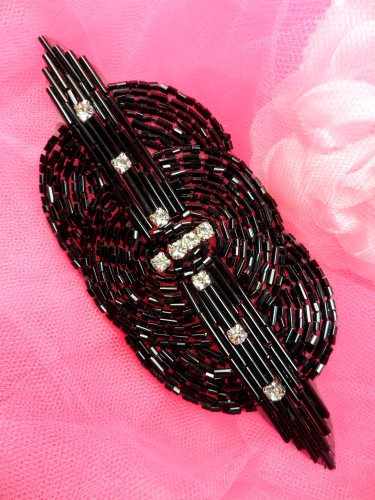 FS174L Black Rhinestone Triple Circle Beaded Applique 4.5