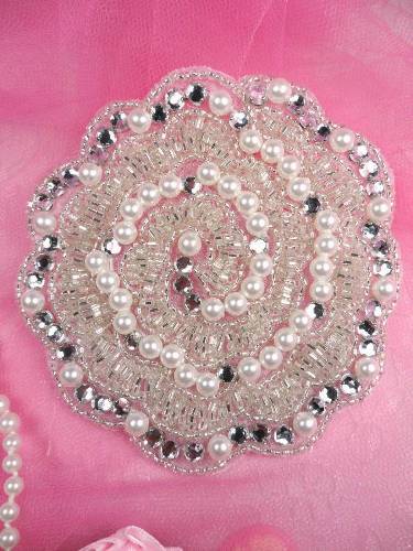 FS178 Silver Pearl Beaded Crystal Rhinestone Applique 4\