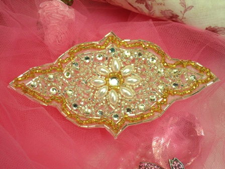 FS21 Gold Silver Pearl Beaded Rhinestone Applique 5.5\