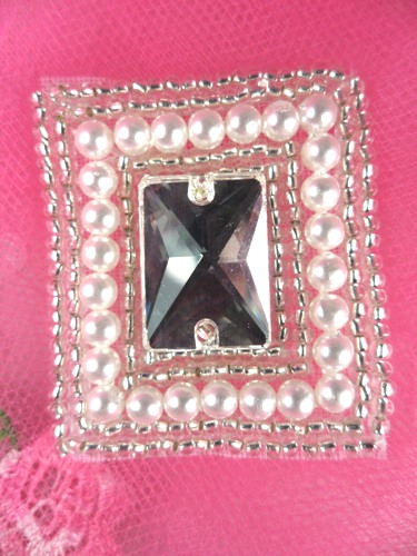 FS2369 Rhinestone Silver Pearl Square Beaded Applique 1.5