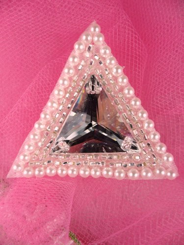 FS2373A Rhinestone Silver Pearl Triangle Beaded Applique 1.75\