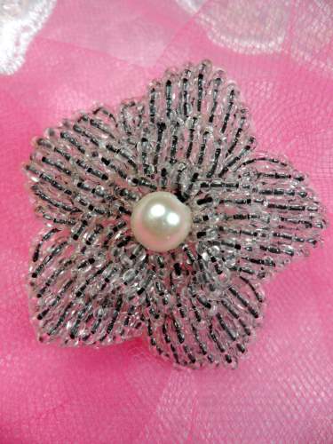 FS2442 Crystal Floral Beaded Black Pearl Applique 1.5\