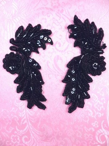 FS2644 Black Appliques Venice Lace Floral Beaded Mirror Pair 4\