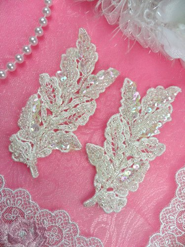 FS2667x Crystal Iris Pearl Leaf Appliques Venice Lace Floral Sequin Beaded Mirror Pair 4\